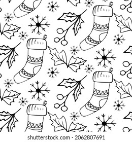 Seamless pattern of hand-drawn Christmas elements, doodle illustration.