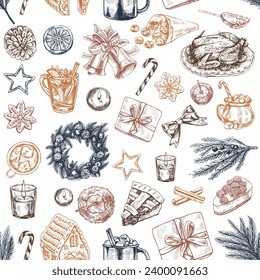 Seamless pattern of hand-drawn Christmas elements in sketch style. Festive decoration: wreath, gift, sweets, food, Christmas tree decor, drinks and spices sketches.  Ingraved.