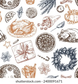 Seamless pattern of hand-drawn Christmas elements in sketch style. Festive decoration: wreath, gift, sweets, food, Christmas tree decor, drinks and spices sketches.  Ingraved.