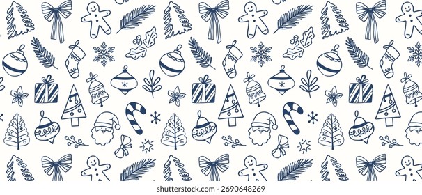 Um padrão perfeito com símbolos de Natal e Ano Novo desenhados à mão. Um fundo festivo estilo doodle de inverno para projetos de cartão de embalagem e saudação. Vetor.
