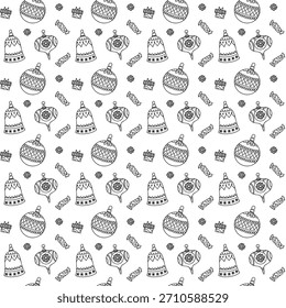 Seamless pattern with hand-drawn Christmas ornaments and candies on white background. Vector festive holiday background. 