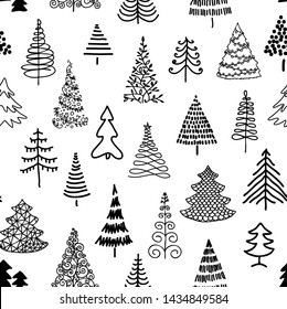 Seamless pattern with hand-drawn Christmas trees. Black and white. Doodle. Sketch.