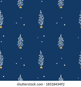 Seamless pattern hand-drawn Christmas trees, forest design, winter, snow, minimalistic Scandinavian style. Vector print on fabric, wrapping paper, textiles.