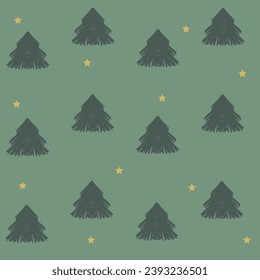 Seamless pattern with hand-drawn Christmas trees. Golden stars are scattered across the canvas. Can be used as wrapping paper design, wallpaper, fabric or card background