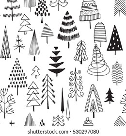 Seamless pattern with hand-drawn Christmas trees. Black and white. Doodle. Sketch.