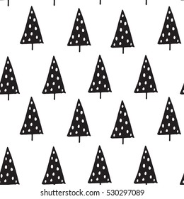 Seamless pattern with hand-drawn Christmas trees. Black and white. Doodle. Sketch.