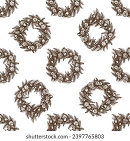 Patrón inmaculado de corona de Navidad dibujada a mano aislada en blanco, decoración para navidad. Dibujo vintage vectorial en estilo de esbozo. Navidad tradicional y acogedora. Objeto para tarjeta de navidad, embalaje.