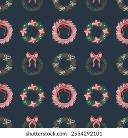 Seamless pattern of hand-drawn Christmas wreaths decorated with bows, poinsettias, holly berries on dark blue background. Festive vector design