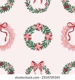 Seamless pattern of hand-drawn Christmas wreaths decorated with bows, poinsettias, holly berries on light pink background. Festive vector design