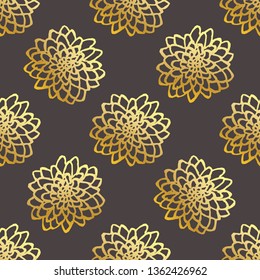 Seamless pattern with handdrawn chrysanthemums. Golden flowers on black background. Suitable for packaging, wrappers, fabric design. Vector illustration