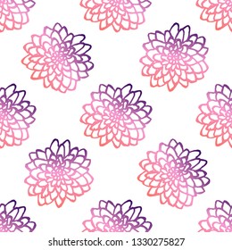 Seamless pattern with handdrawn chrysanthemums. Living coral and deep violet colors. Suitable for packaging, wrappers, fabric design. Vector illustration