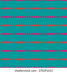 Seamless pattern of hand-drawn circles of orange and pink on the aquamarine green background