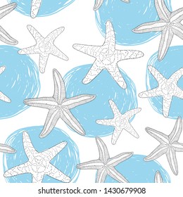 Seamless pattern with hand-drawn circles and starfish. Blue and white. Doodle style of the marine theme. Abstract background. Vector illustration.