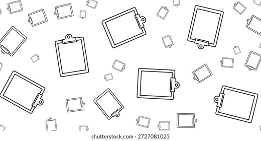 Um padrão perfeito de pranchetas desenhadas à mão em vários tamanhos e orientações em um fundo branco. As pranchetas são delineadas em preto e têm um design simples e minimalista.