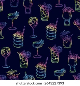 Padrão contínuo com bebidas de coquetel desenhadas à mão em estilo de gravura vintage em um fundo escuro