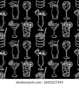 Seamless pattern with hand-drawn cocktail drinks in vintage engraving style on a dark background