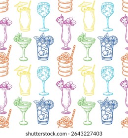 Seamless pattern with hand-drawn cocktail drinks in vintage engraving style on a white background