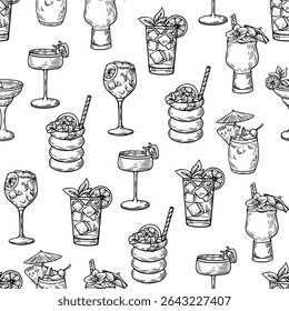Seamless pattern with hand-drawn cocktail drinks in vintage engraving style on a white background