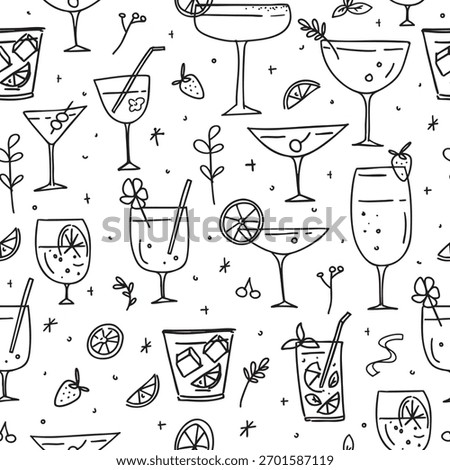 Seamless pattern with hand-drawn cocktail glasses and garnishes in black outline on a white background. Fun doodle-style drink illustrations for party or bar