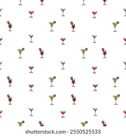 Seamless pattern of hand-drawn cocktails with vibrant colors. Ideal for summer themes, bar menus, festive backgrounds, party decor, or creating trendy drink-inspired designs with a light, fun vibe