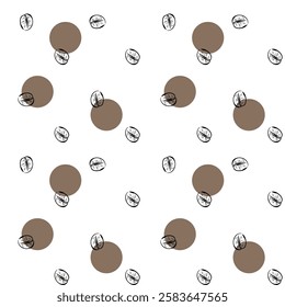 A seamless pattern of hand-drawn coffee beans with brown circles on a white background, perfect for packaging, textiles, and wallpapers.