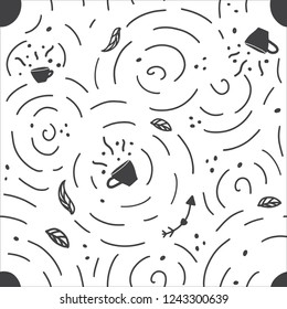 Seamless pattern with handdrawn coffee and tea cup. Doodle monochrome vector illustration.