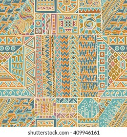 Seamless pattern of hand-drawn and colored abstract elements.
 Vector graphics.