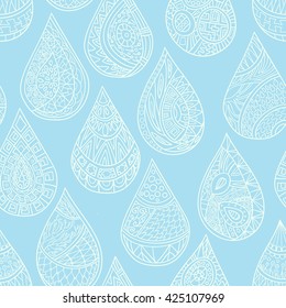 Seamless pattern of hand-drawn and colored abstract, geometric drops zentangl style. 
Vector graphics.
