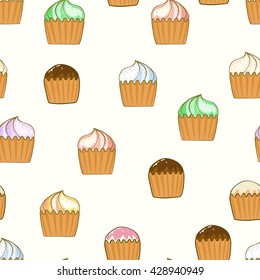 Seamless pattern of hand-drawn and colored cupcakes. Vector graphics.
