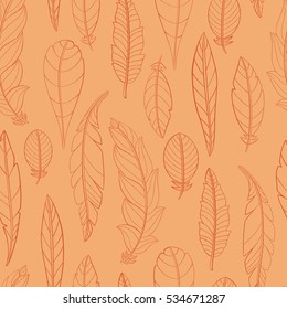 Seamless pattern of hand-drawn and colored feathers.
