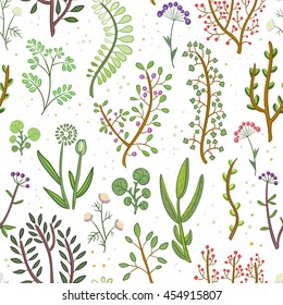 Seamless pattern of hand-drawn and colored flowers and herbs. Vector graphics.
