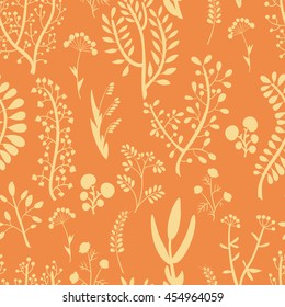 Seamless pattern of hand-drawn and colored flowers and herbs. Vector graphics.