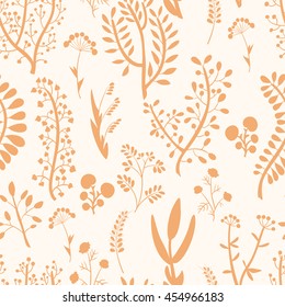 Seamless pattern of hand-drawn and colored flowers and herbs. Vector graphics.