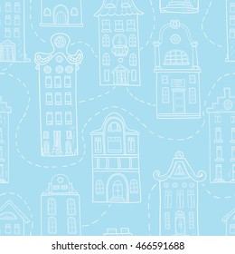 Seamless pattern of hand-drawn and colored houses.
Vector graphics .