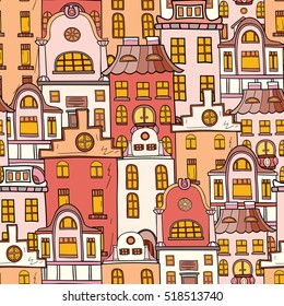 Seamless pattern of hand-drawn and colored houses.