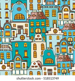 Seamless pattern of hand-drawn and colored houses.