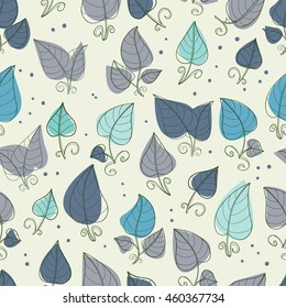 Seamless pattern of hand-drawn and colored leaves.