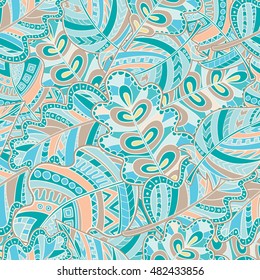 Seamless pattern of hand-drawn and colored leaves.Vector graphics . Style zentangl. 