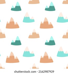 Seamless pattern of hand-drawn colored mountains on a light background. Illustration for children, room, textile, clothes, cards, wrapping paper.