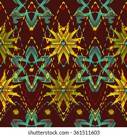 seamless pattern of hand-drawn colorful lines, stitching and stars on a terracotta background