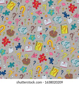 Seamless Pattern of Hand-Drawn Colorful Question Marks. Doodle Art Continuous Background for Cloth, Fabric, Textile, Tissue, Pack Paper, Wrapping Paper.
