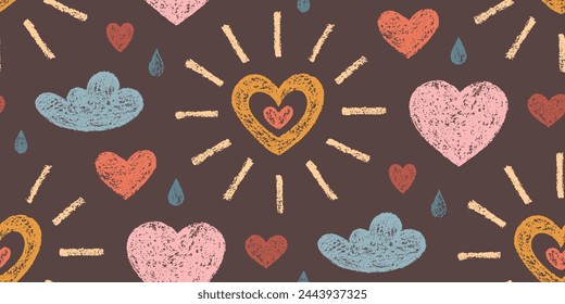 Seamless Pattern of Hand-Drawn Colorful Suns, Clouds, Hearts on Dark Background. Style of Children's Drawing. Continuous Background with Romantic Symbols for Packaging, Pack Paper, Wrapping Paper.