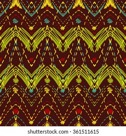 seamless pattern of hand-drawn colorful zigzags, stitching and lines on a terracotta background