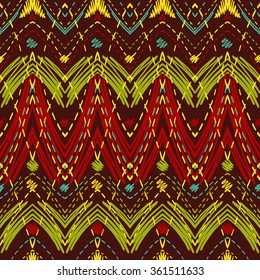 seamless pattern of hand-drawn colorful zigzags and lines on a terracotta background