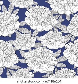 Seamless pattern with hand-drawn colorless peonies