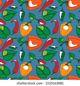 Seamless pattern with hand-drawn colourful peppers and green leaves on blue grey background. Autumn crop concept, vegetables print. Cartoon with outline vector illustration.