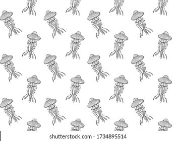 Seamless pattern of hand-drawn contour jellyfish in zentangle style. Patterned black and white multicellular marine animals such as cnidaria for fashion, wallpaper, fabric, textile etc. Vector.