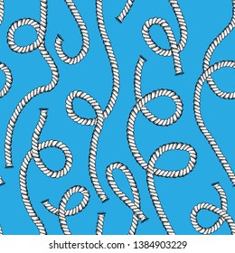 Seamless pattern with hand-drawn cord in vintage engraving art style isolated on blue background For decoration design. Vector illustration.