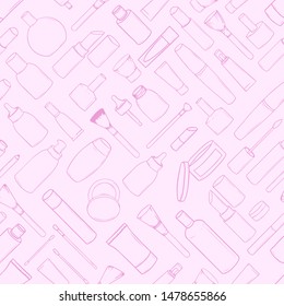 Seamless pattern with hand-drawn cosmetics isolated on a pink background. Collection of jars, brushes, tubes and bottles in doodle style. Vector illustration