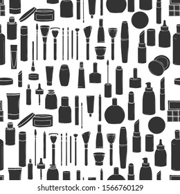 Seamless pattern with hand-drawn cosmetics isolated on a white background. Jars, tubes, brushes and bottles silhouettes collection. Vector illustration